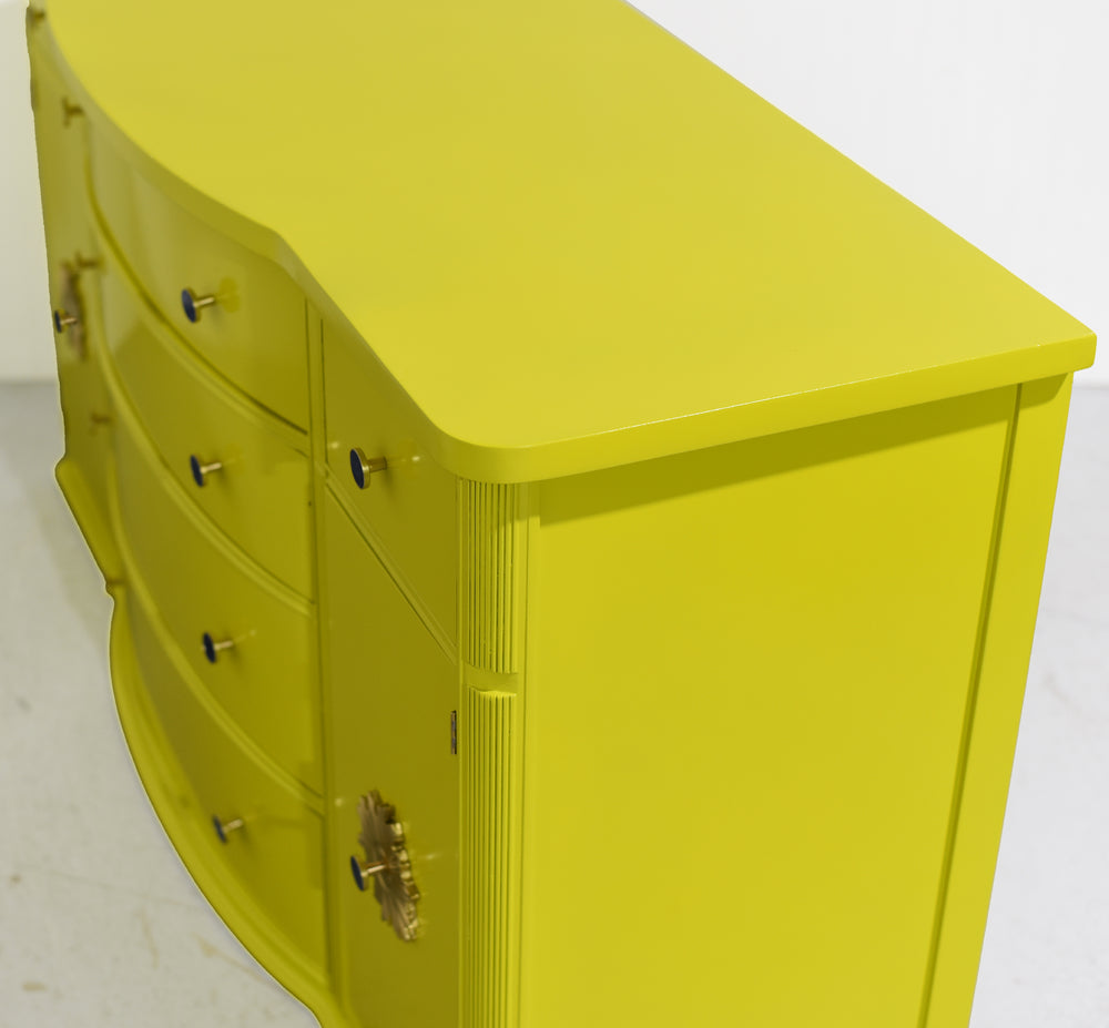 Mid Century Mahogany Curve Front Buffet Console in Chartreuse- Newly Painted