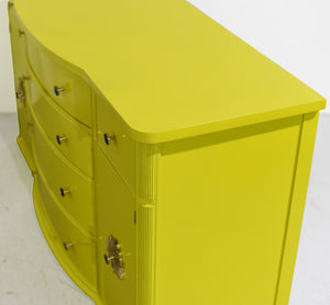 Mid Century Mahogany Curve Front Buffet Console in Chartreuse- Newly Painted