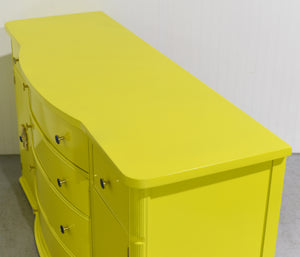 Mid Century Mahogany Curve Front Buffet Console in Chartreuse- Newly Painted