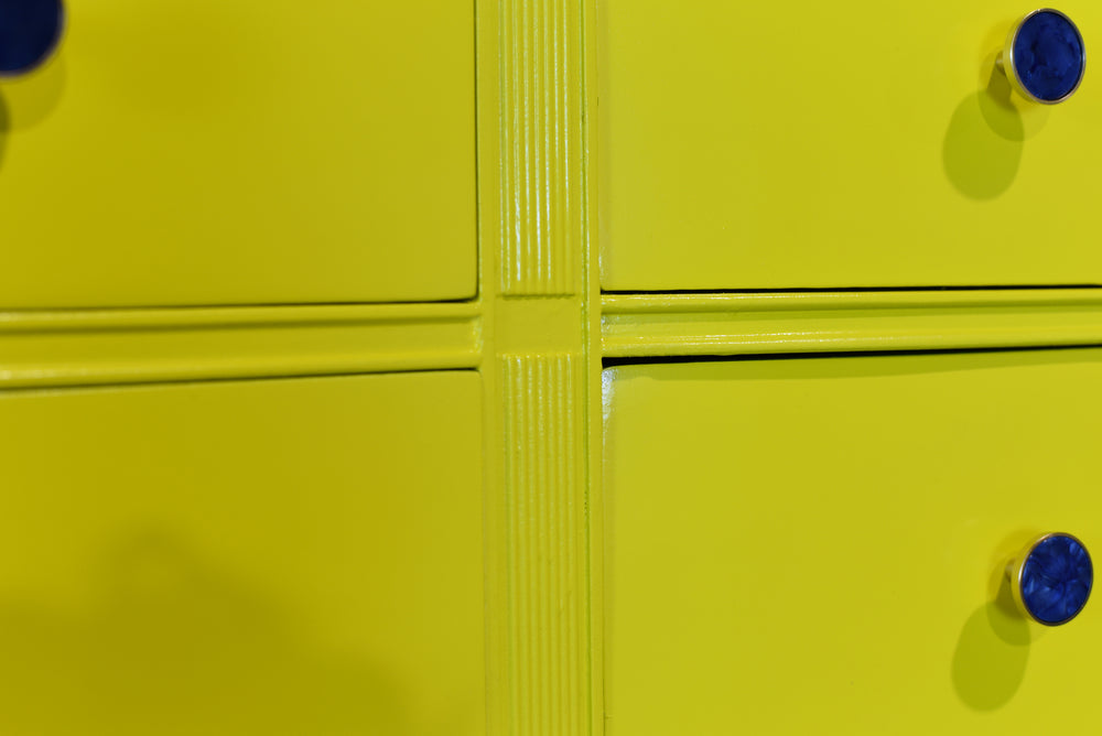 Mid Century Mahogany Curve Front Buffet Console in Chartreuse- Newly Painted