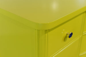 Mid Century Mahogany Curve Front Buffet Console in Chartreuse- Newly Painted