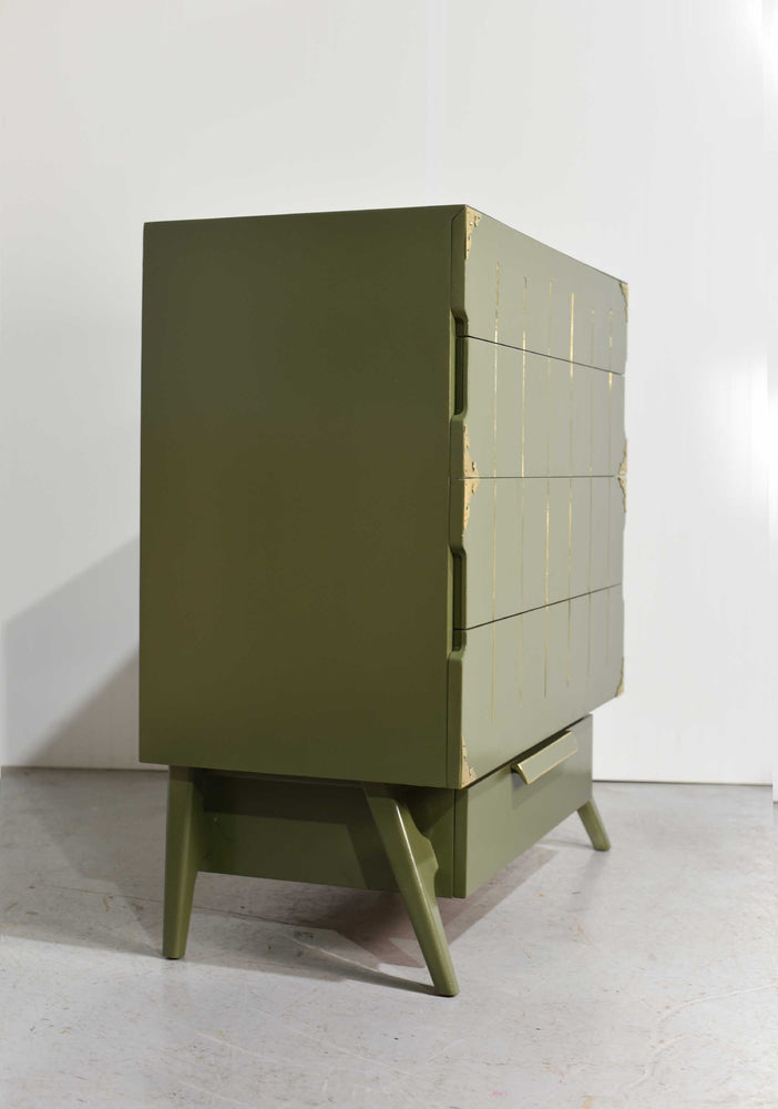 Mid Century Modern Gold Detail Highboy with Cedar Drawer in Green - Newly Painted