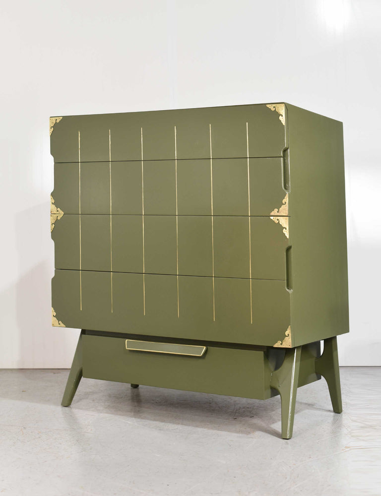 Mid Century Modern Gold Detail Highboy with Cedar Drawer in Green - Newly Painted