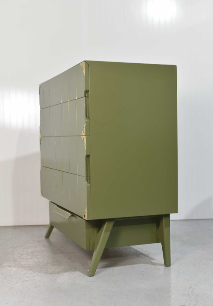 Mid Century Modern Gold Detail Highboy with Cedar Drawer in Green - Newly Painted