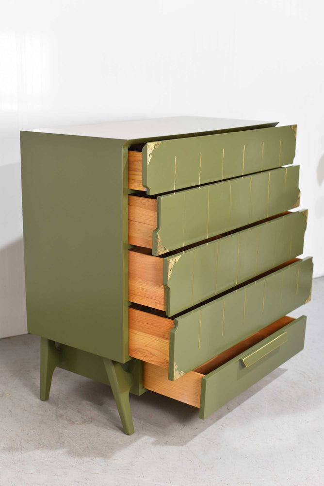 Mid Century Modern Gold Detail Highboy with Cedar Drawer in Green - Newly Painted