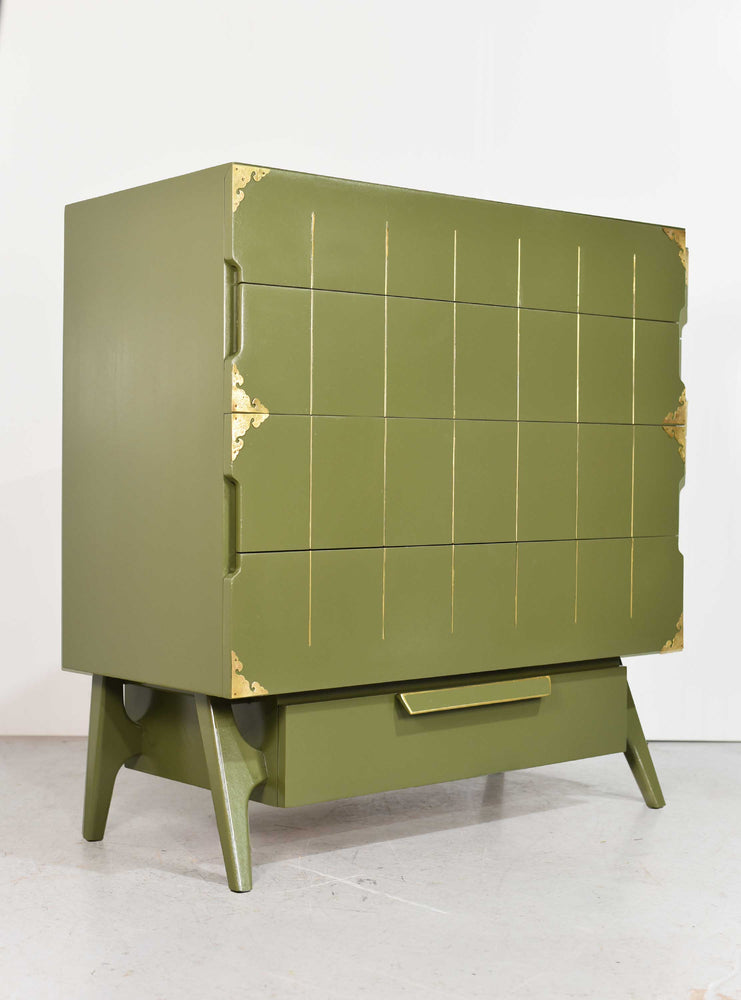 Mid Century Modern Gold Detail Highboy with Cedar Drawer in Green - Newly Painted