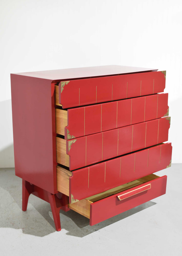 Mid Century Modern Gold Inlay Highboy with Cedar Drawer in Red - Newly Painted