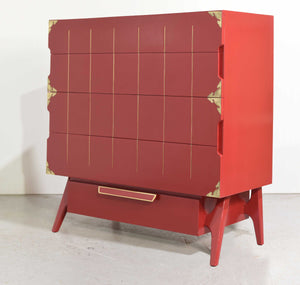 Mid Century Modern Gold Inlay Highboy with Cedar Drawer in Red - Newly Painted