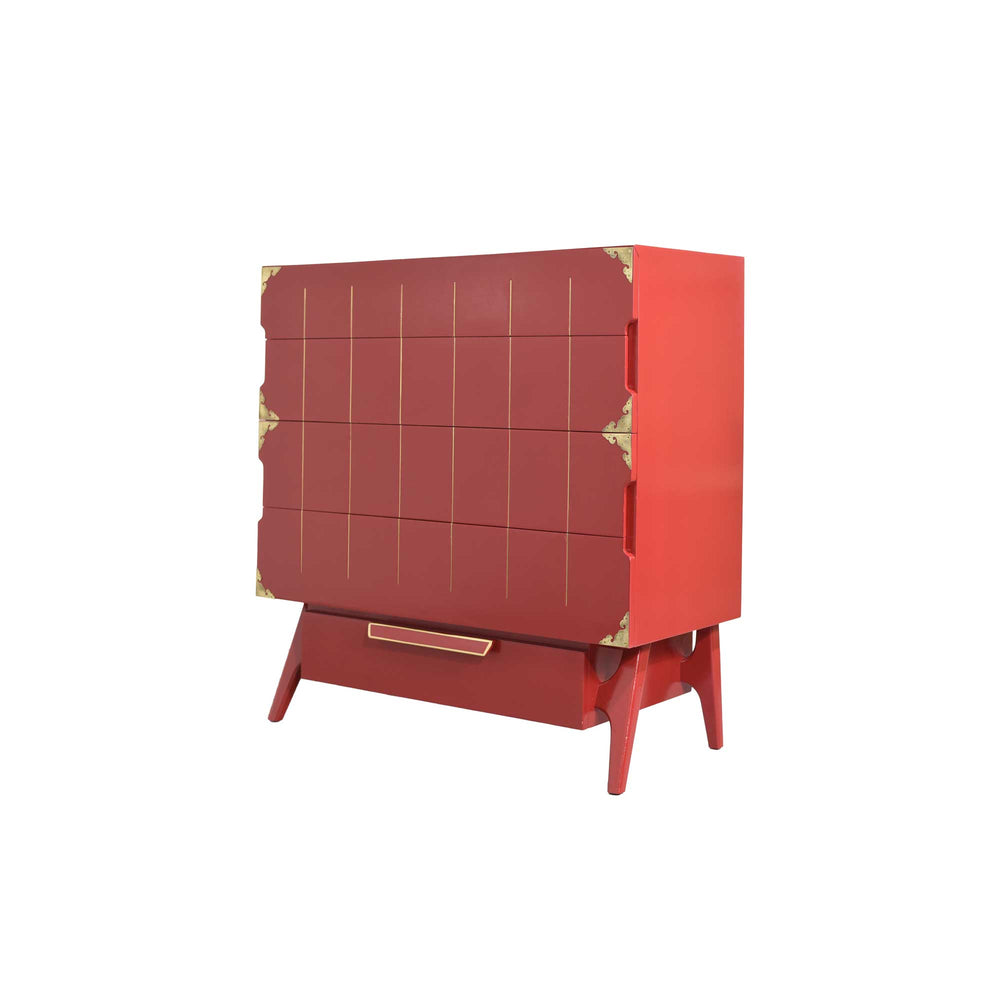 Mid Century Modern Gold Inlay Highboy with Cedar Drawer in Red - Newly Painted