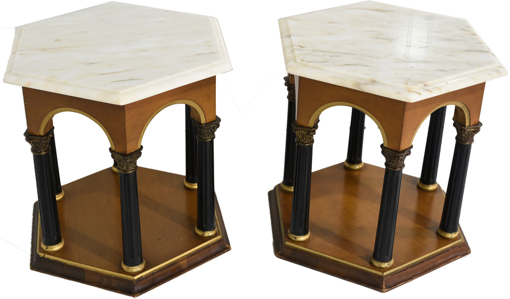 Mid Century Neoclassical Marble Top  Hexagon Tables Made in Portugal - A Pair