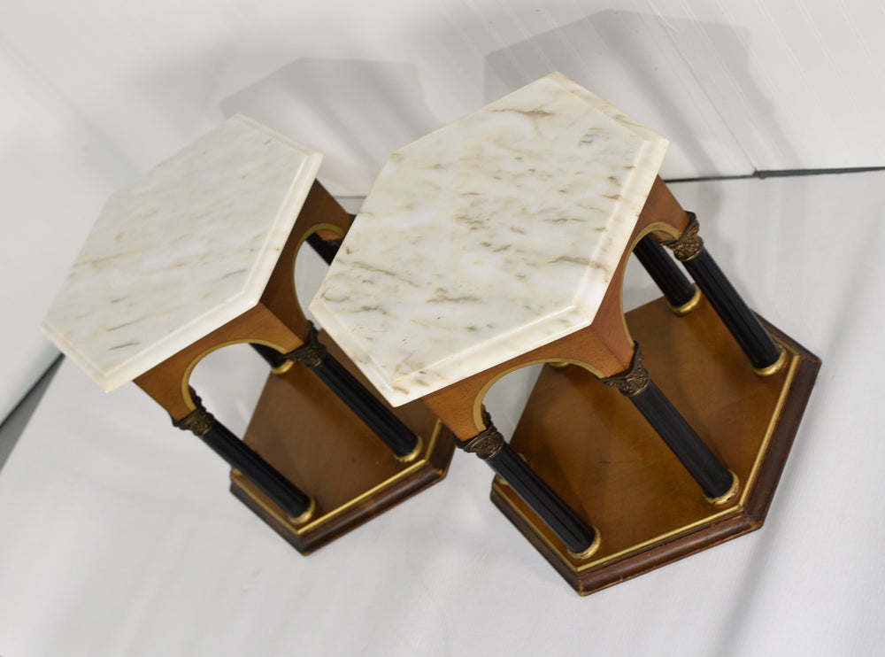 Mid Century Neoclassical Marble Top  Hexagon Tables Made in Portugal - A Pair