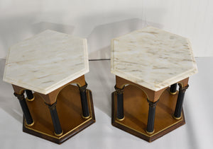 Mid Century Neoclassical Marble Top  Hexagon Tables Made in Portugal - A Pair