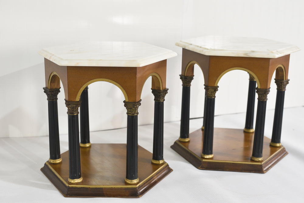 Mid Century Neoclassical Marble Top  Hexagon Tables Made in Portugal - A Pair