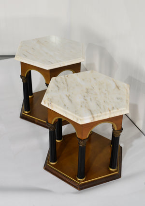 Mid Century Neoclassical Marble Top  Hexagon Tables Made in Portugal - A Pair