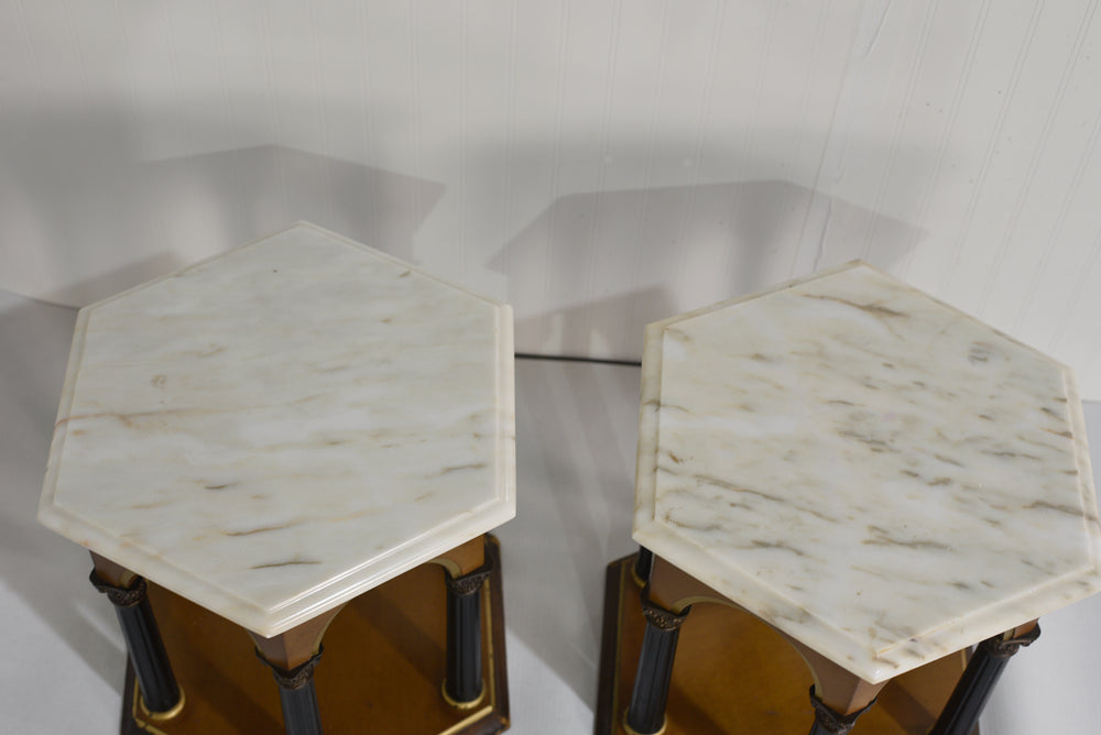 Mid Century Neoclassical Marble Top  Hexagon Tables Made in Portugal - A Pair