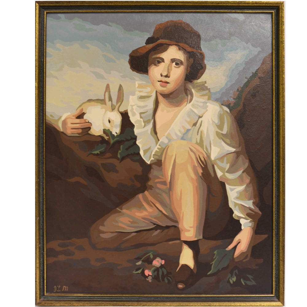 Mid Century Oil on Canvas Boy and Rabbit Reproduction of Original by Sir Henry Raeburn 1814