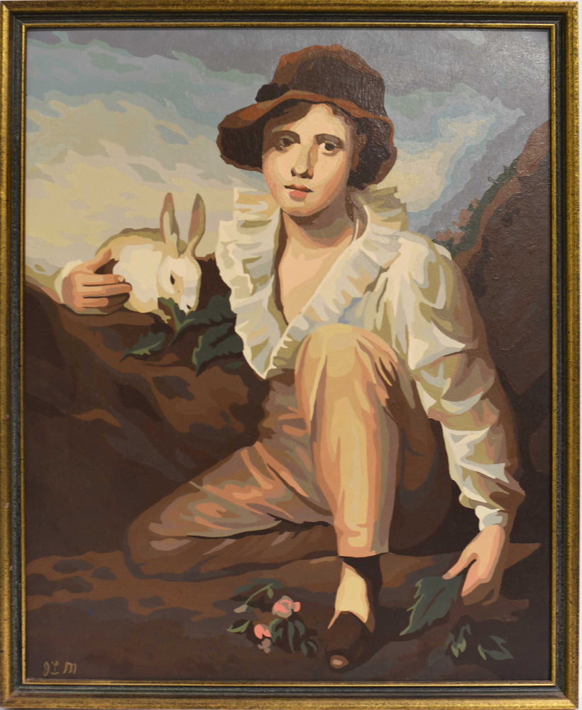 Mid Century Oil on Canvas Boy and Rabbit Reproduction of Original by Sir Henry Raeburn 1814