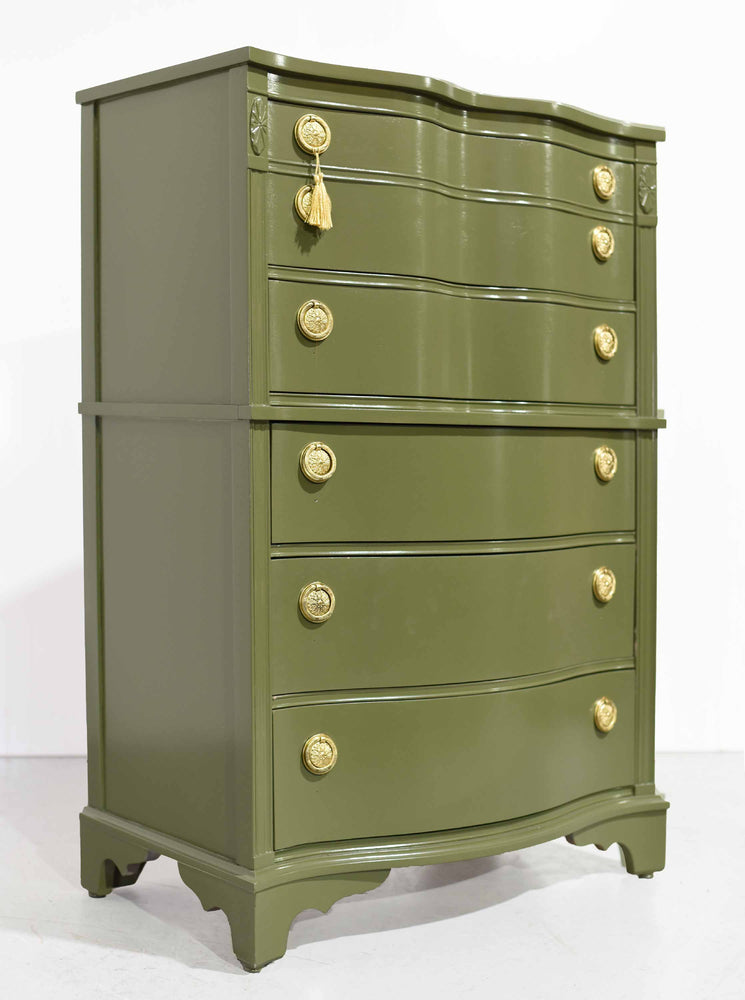 Mid Century Regency Style Mahogany Serpentine Highboy in Green - Newly Painted
