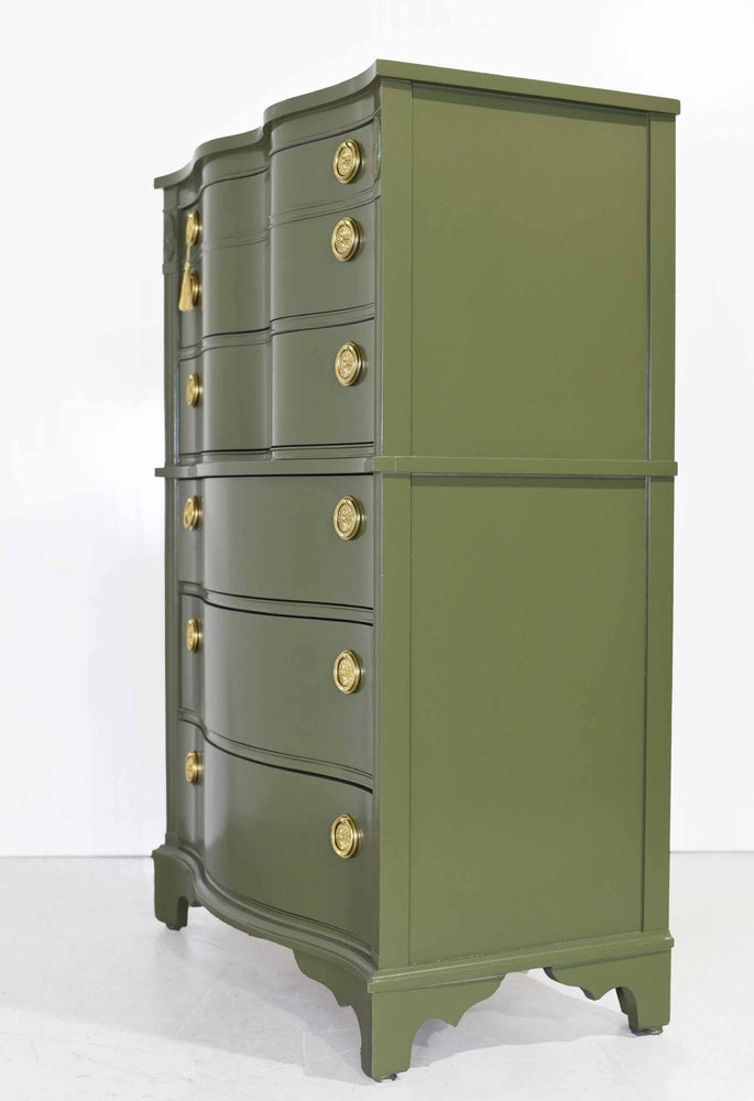 Mid Century Regency Style Mahogany Serpentine Highboy in Green - Newly Painted