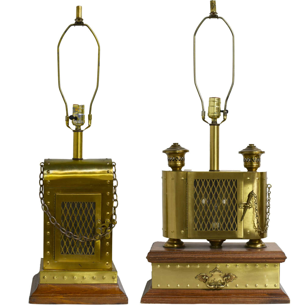 Mid Century Riveted Industrial Steampunk Flickering Lantern Brass Lamps - a Pair