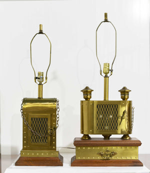 Mid Century Riveted Industrial Steampunk Flickering Lantern Brass Lamps - a Pair