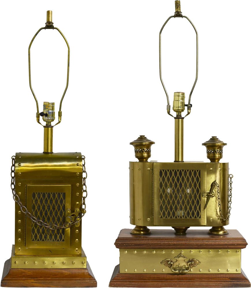 Mid Century Riveted Industrial Steampunk Flickering Lantern Brass Lamps - a Pair