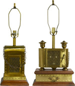 Mid Century Riveted Industrial Steampunk Flickering Lantern Brass Lamps - a Pair