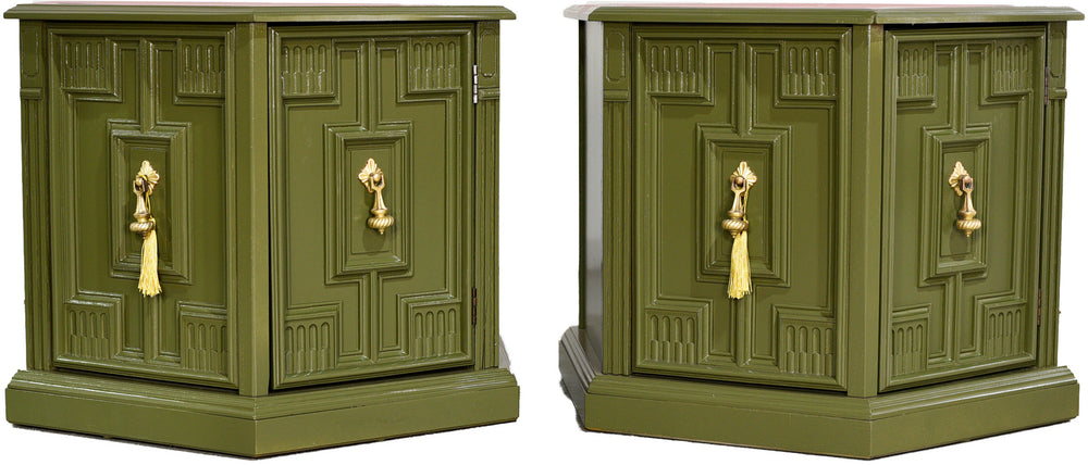 Mid Century Traditional Hexagon Nightstands in Green A Pair - Newly Painted