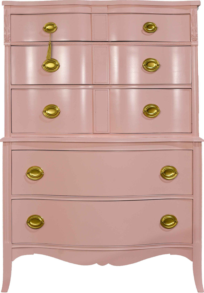Mid Century Traditional Mahogany Serpentine Front Highboy Dresser in Pink - Newly Painted