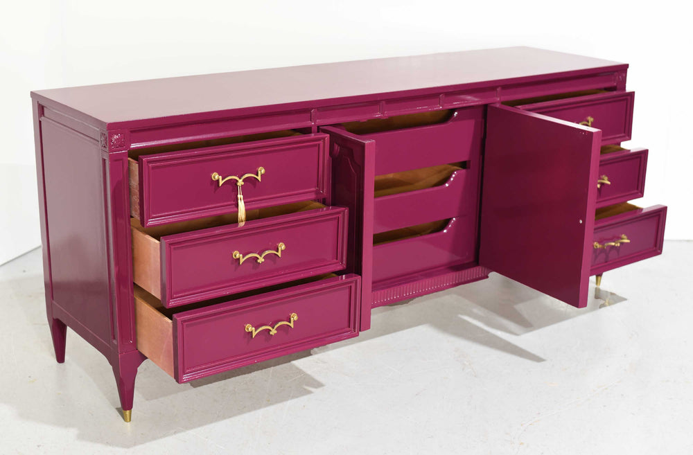 Mid Century Transitional Credenza Lowboy Dresser or Credenza by American of Martinsville in Purple - Newly Painted