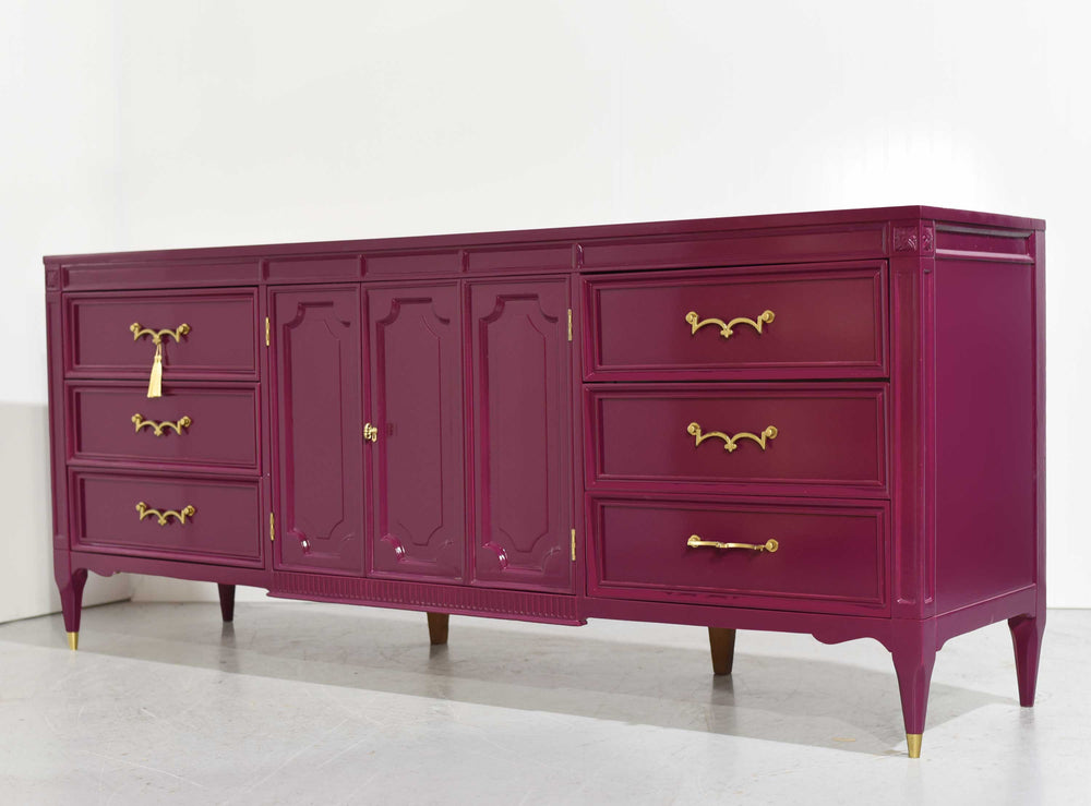 Mid Century Transitional Credenza Lowboy Dresser or Credenza by American of Martinsville in Purple - Newly Painted