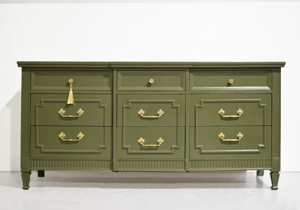 Mid Century Transitional Credenza Lowboy Dresser by Drexel in Green - Newly Painted