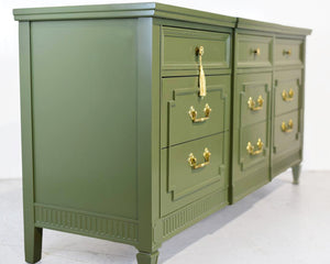 Mid Century Transitional Credenza Lowboy Dresser by Drexel in Green - Newly Painted