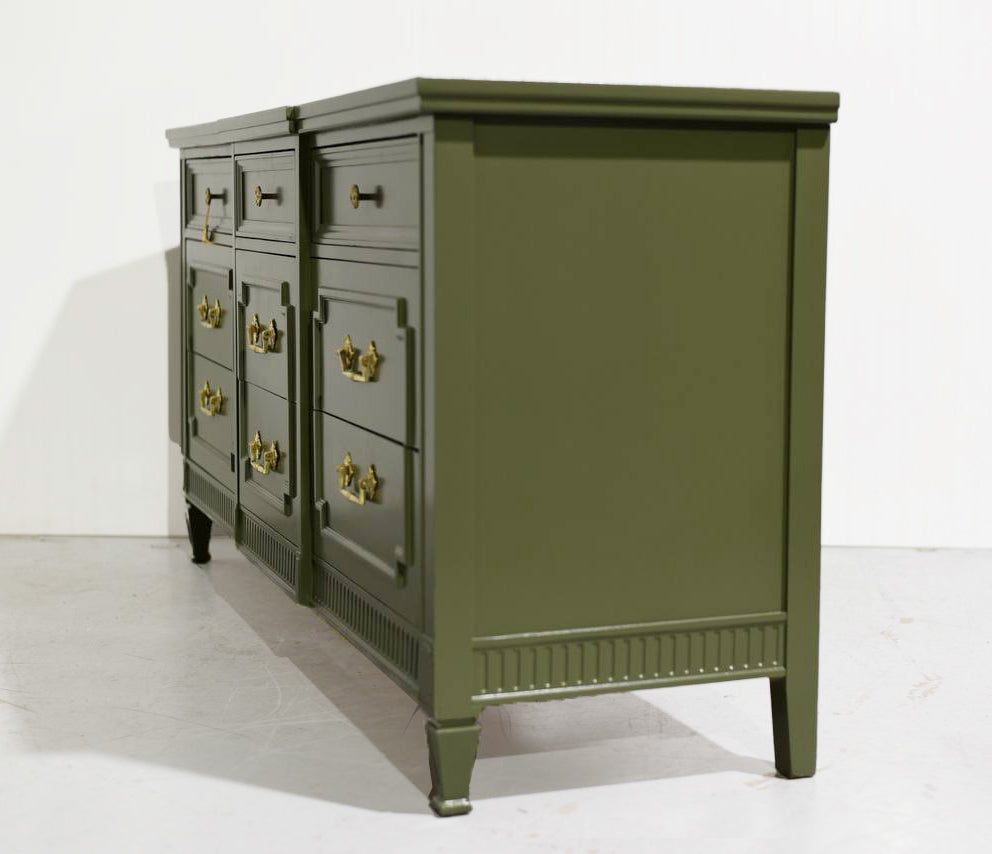 Mid Century Transitional Credenza Lowboy Dresser by Drexel in Green - Newly Painted