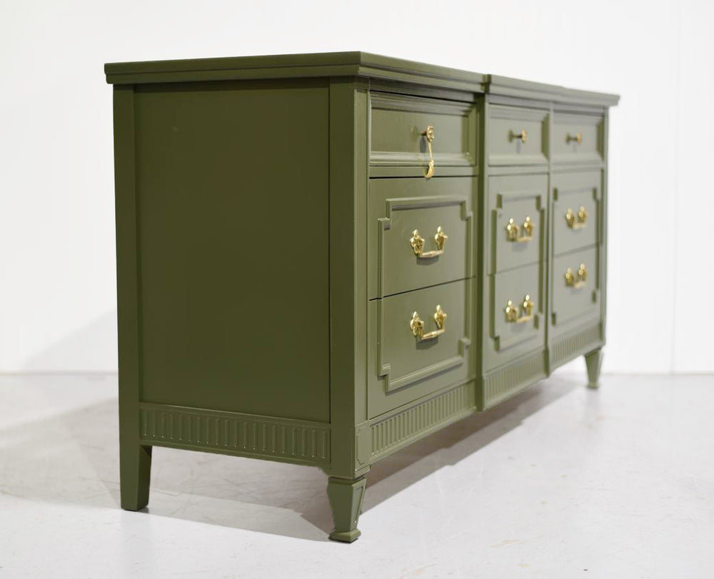 Mid Century Transitional Credenza Lowboy Dresser by Drexel in Green - Newly Painted