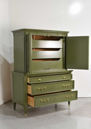 Mid Century Transitional Highboy Dresser by American of Martinsville in Olive Green - Newly Painted