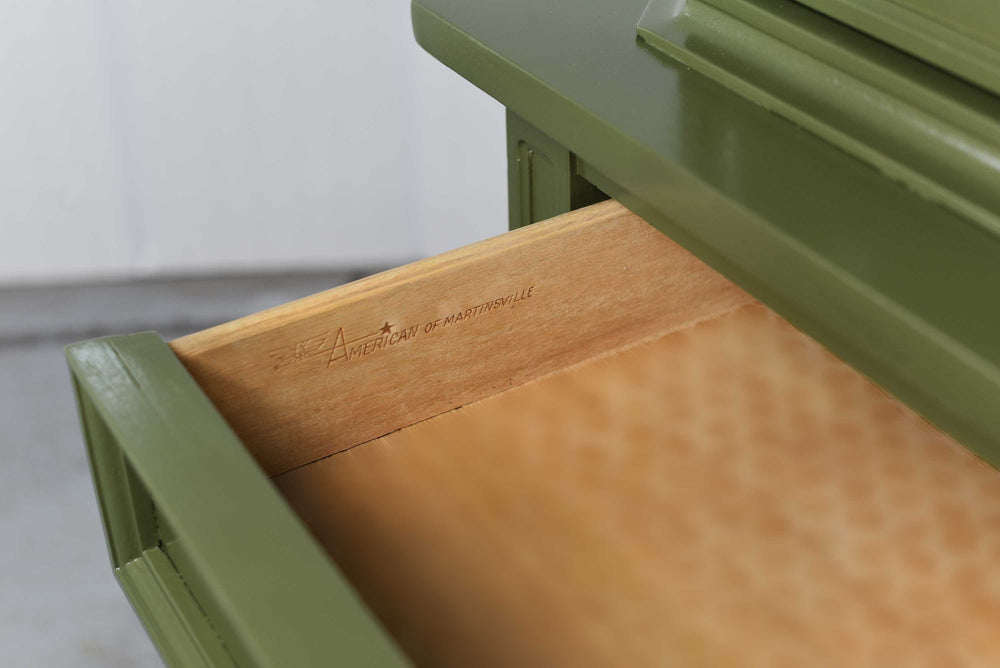 Mid Century Transitional Highboy Dresser by American of Martinsville in Olive Green - Newly Painted