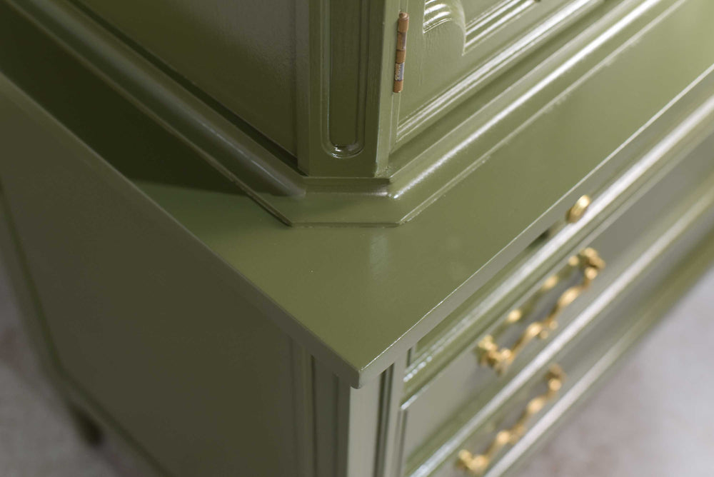 Mid Century Transitional Highboy Dresser by American of Martinsville in Olive Green - Newly Painted