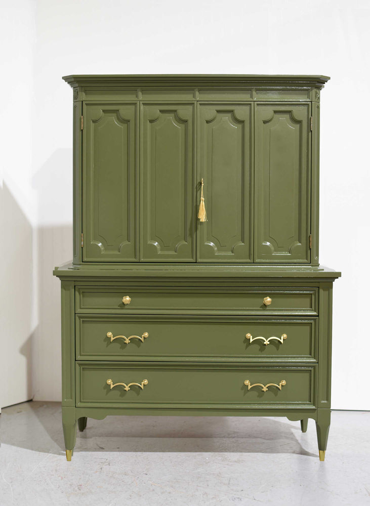 Mid Century Transitional Highboy Dresser by American of Martinsville in Olive Green - Newly Painted