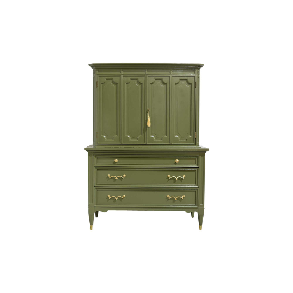 Mid Century Transitional Highboy Dresser by American of Martinsville in Olive Green - Newly Painted