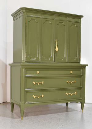 Mid Century Transitional Highboy Dresser by American of Martinsville in Olive Green - Newly Painted