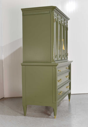 Mid Century Transitional Highboy Dresser by American of Martinsville in Olive Green - Newly Painted