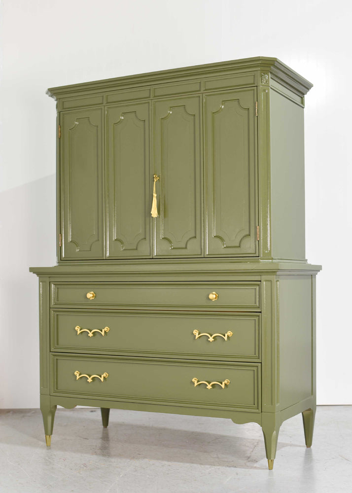 Mid Century Transitional Highboy Dresser by American of Martinsville in Olive Green - Newly Painted