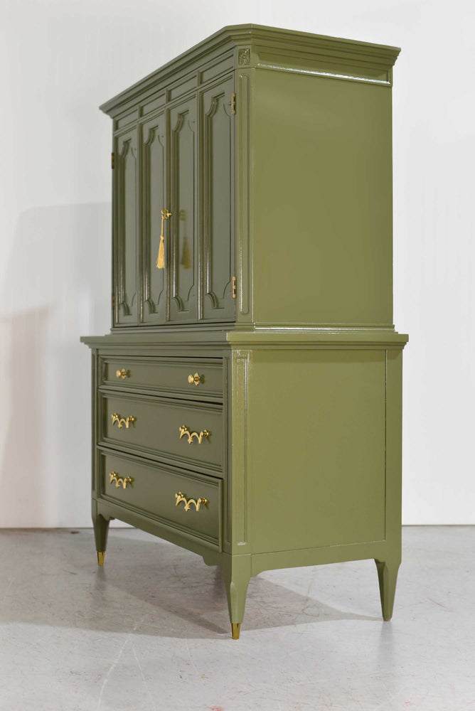 Mid Century Transitional Highboy Dresser by American of Martinsville in Olive Green - Newly Painted