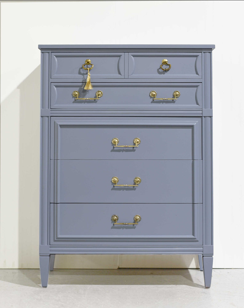 Mid Century Transitional Highboy Dresser by Mount Airy in Blue - Newly Painted