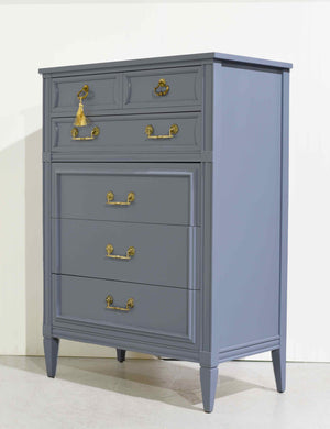 Mid Century Transitional Highboy Dresser by Mount Airy in Blue - Newly Painted