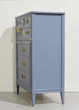 Mid Century Transitional Highboy Dresser by Mount Airy in Blue - Newly Painted