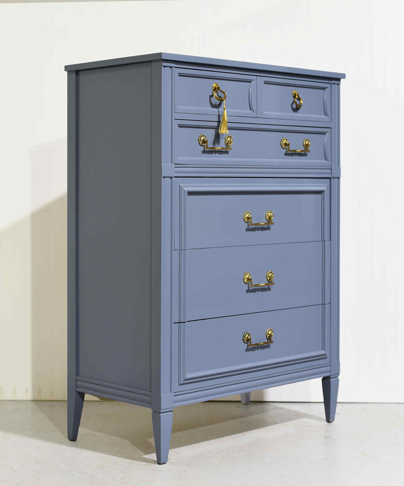 Mid Century Transitional Highboy Dresser by Mount Airy in Blue - Newly Painted