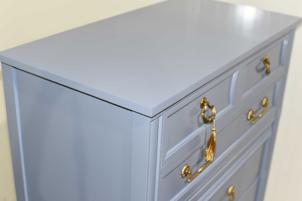 Mid Century Transitional Highboy Dresser by Mount Airy in Blue - Newly Painted