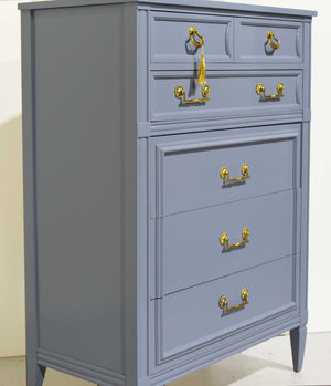 Mid Century Transitional Highboy Dresser by Mount Airy in Blue - Newly Painted